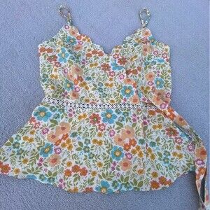 Milk & Honey Tank Women's XS Yellow Floral Scalloped Side Tie Spaghetti Strap